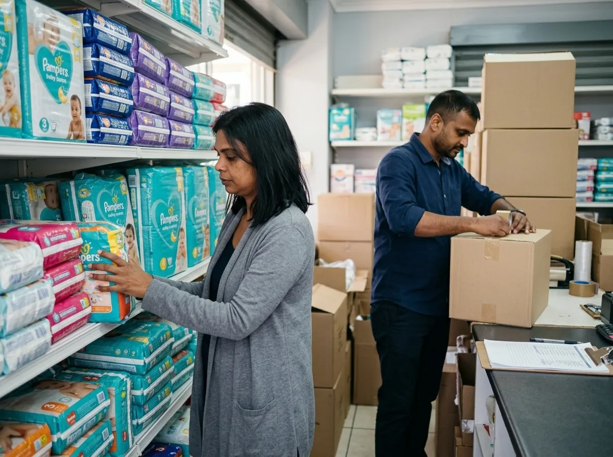 The NappyWorld team packing an order and stocking shelves