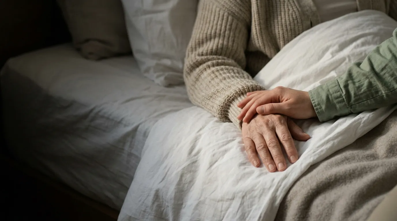 An older person's hand resting on bed linen beside a caregiver's hand