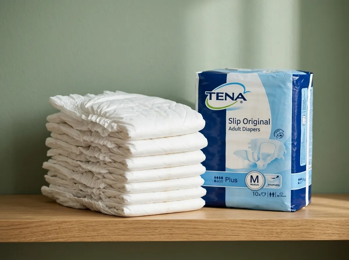 A stack of folded adult nappies beside a TENA pack