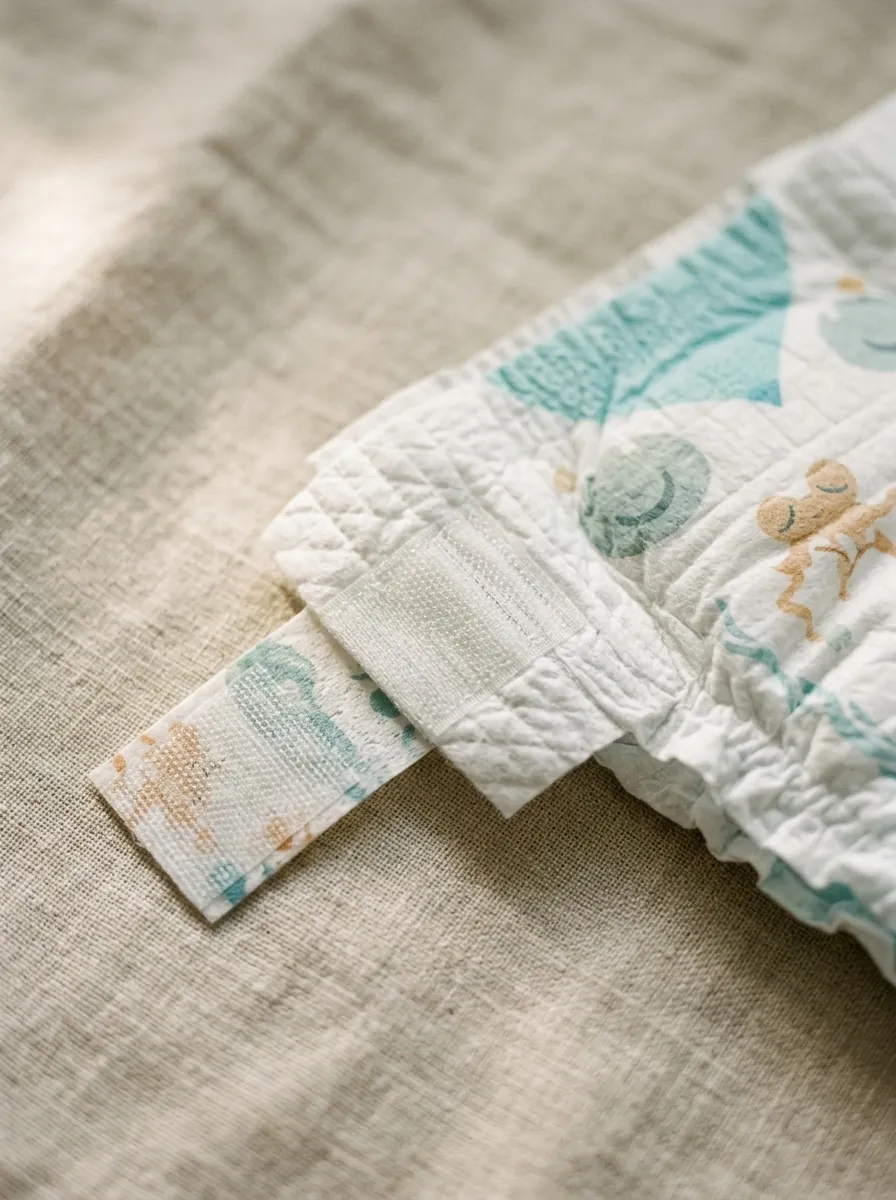 Detail of a baby tape nappy's waistband and fastening tab