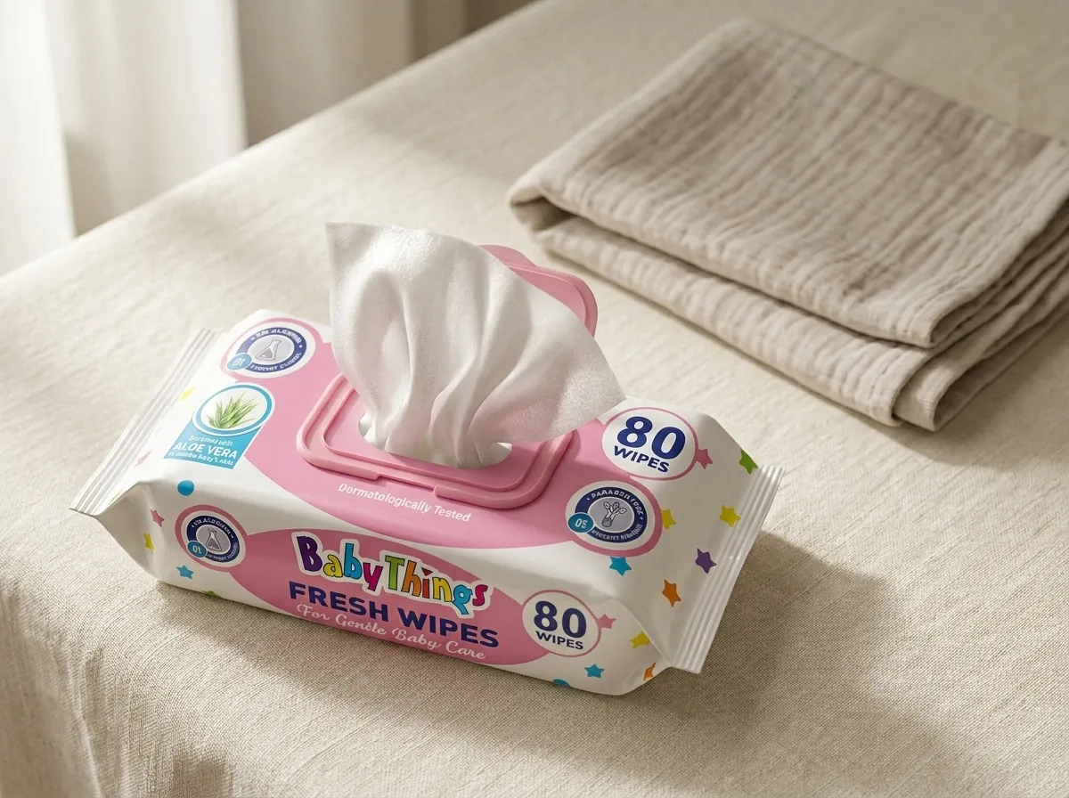 A pack of baby wipes with a wipe drawn