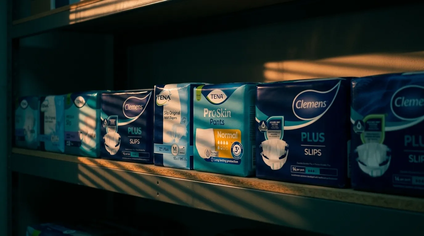 Adult nappy packs on a shelf in evening light