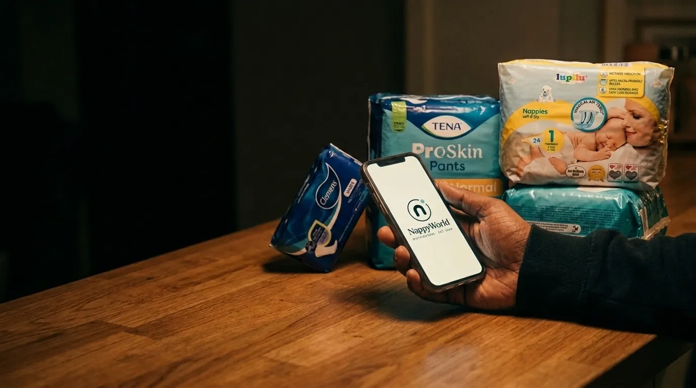 A phone showing NappyWorld beside nappy packs