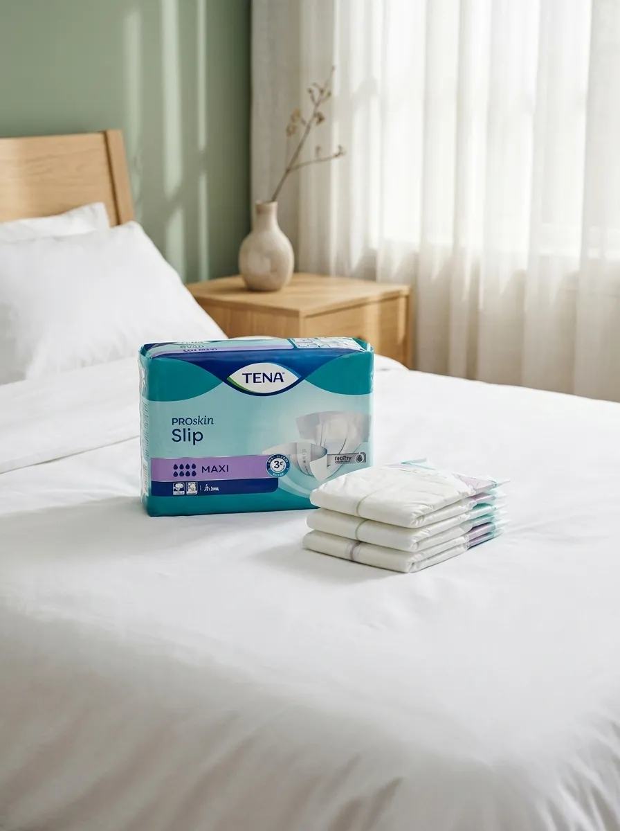 Adult continence pack and folded pads on a made bed