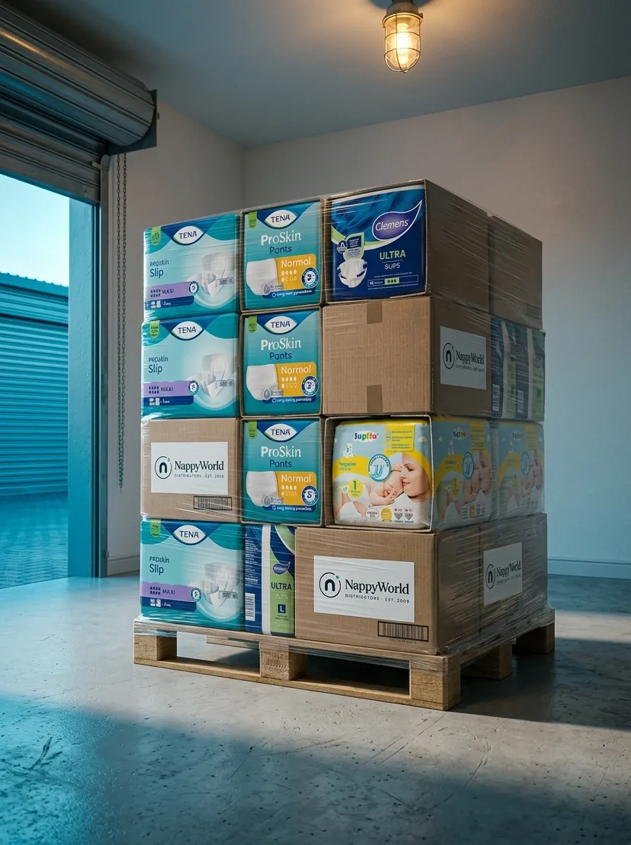 A pallet of stretch-wrapped nappy cartons at a loading door