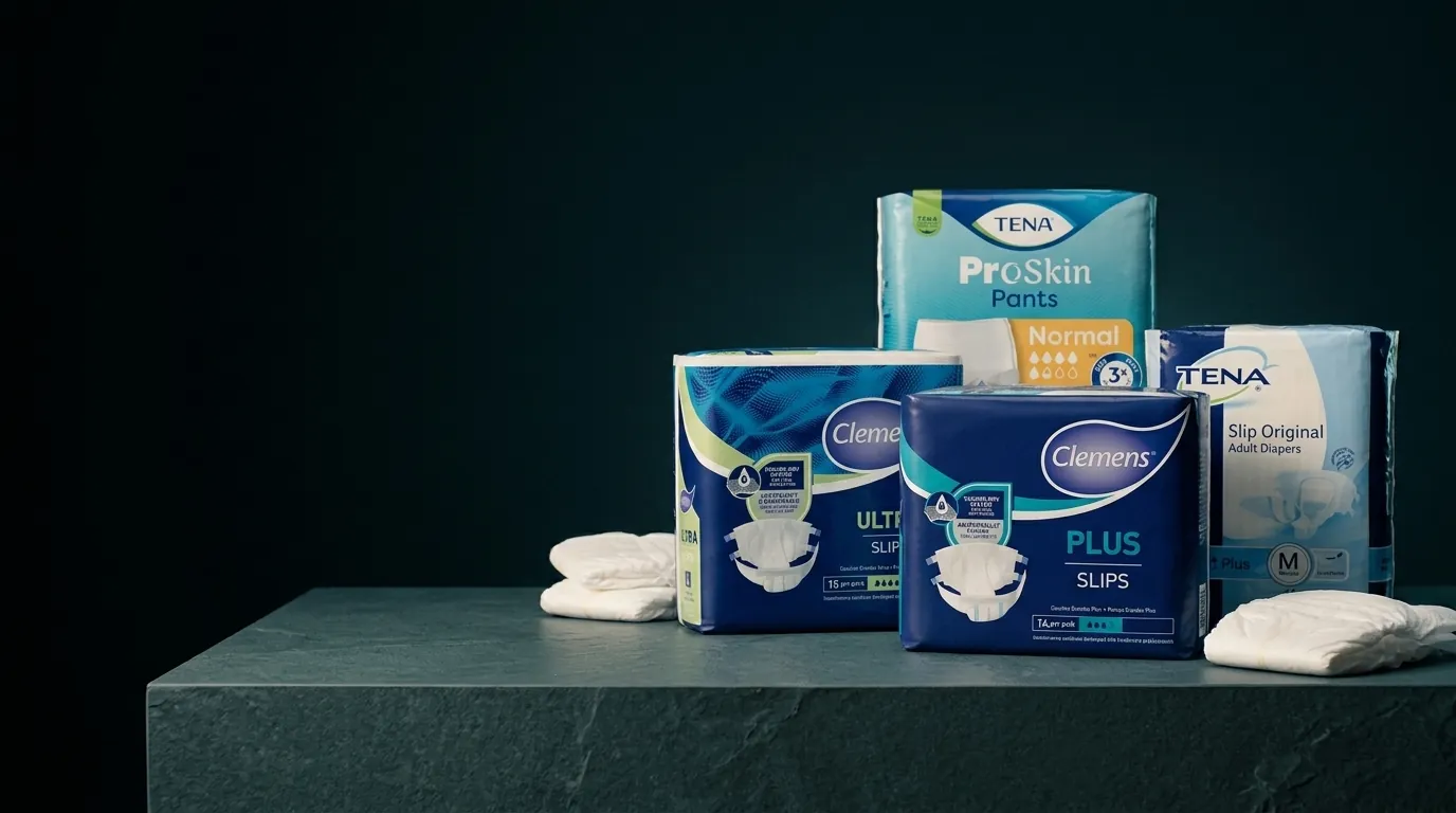 Adult continence products, including TENA and Clemens packs, on a stone plinth
