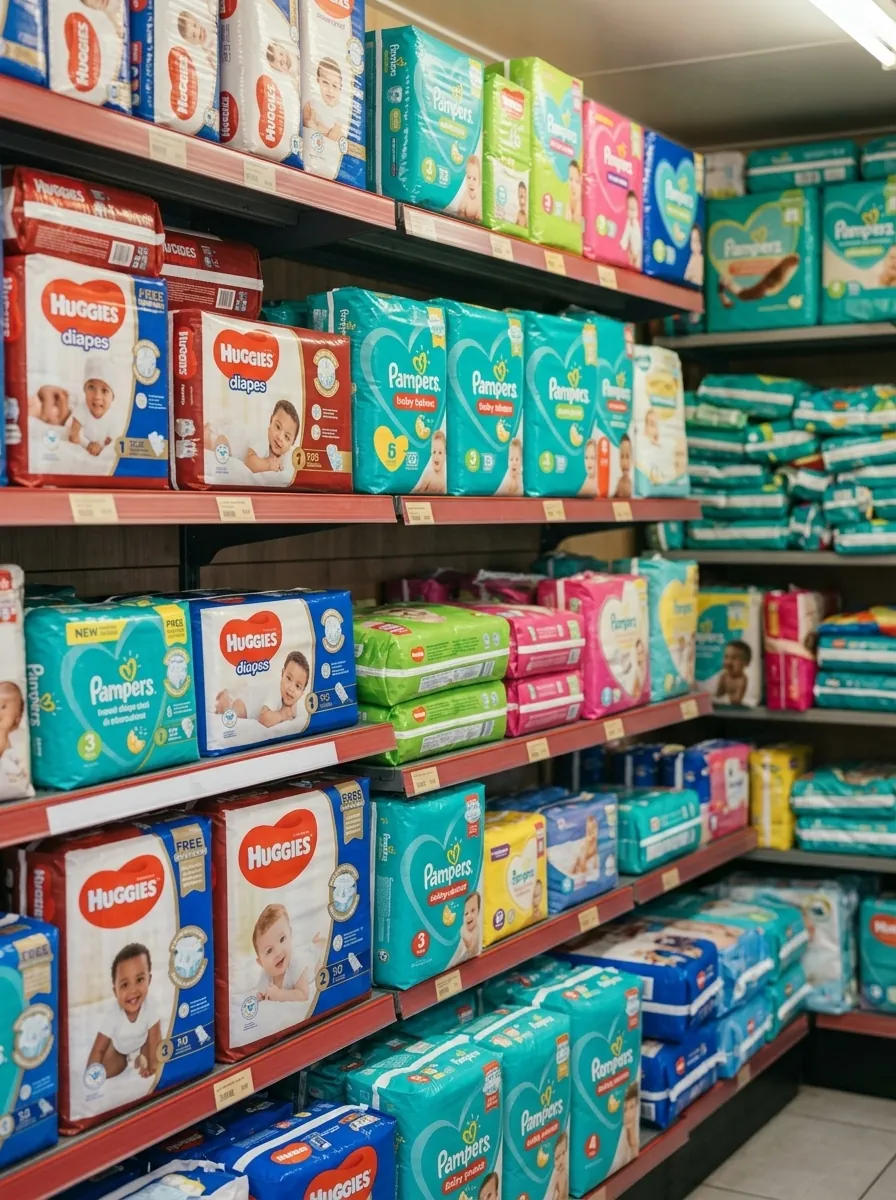 Nappy packs on the shelves at the NappyWorld kiosk
