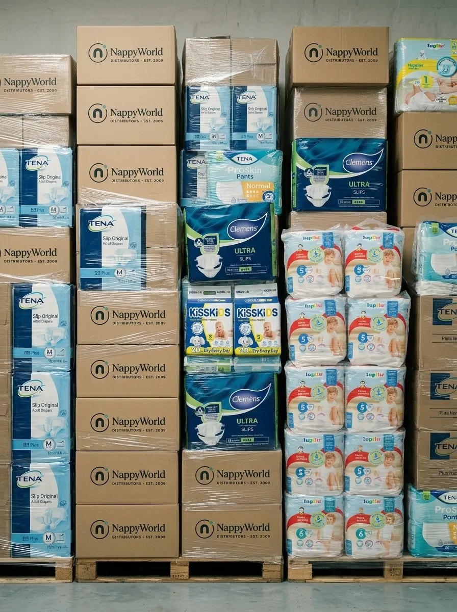 Stretch-wrapped cartons of baby and adult nappies