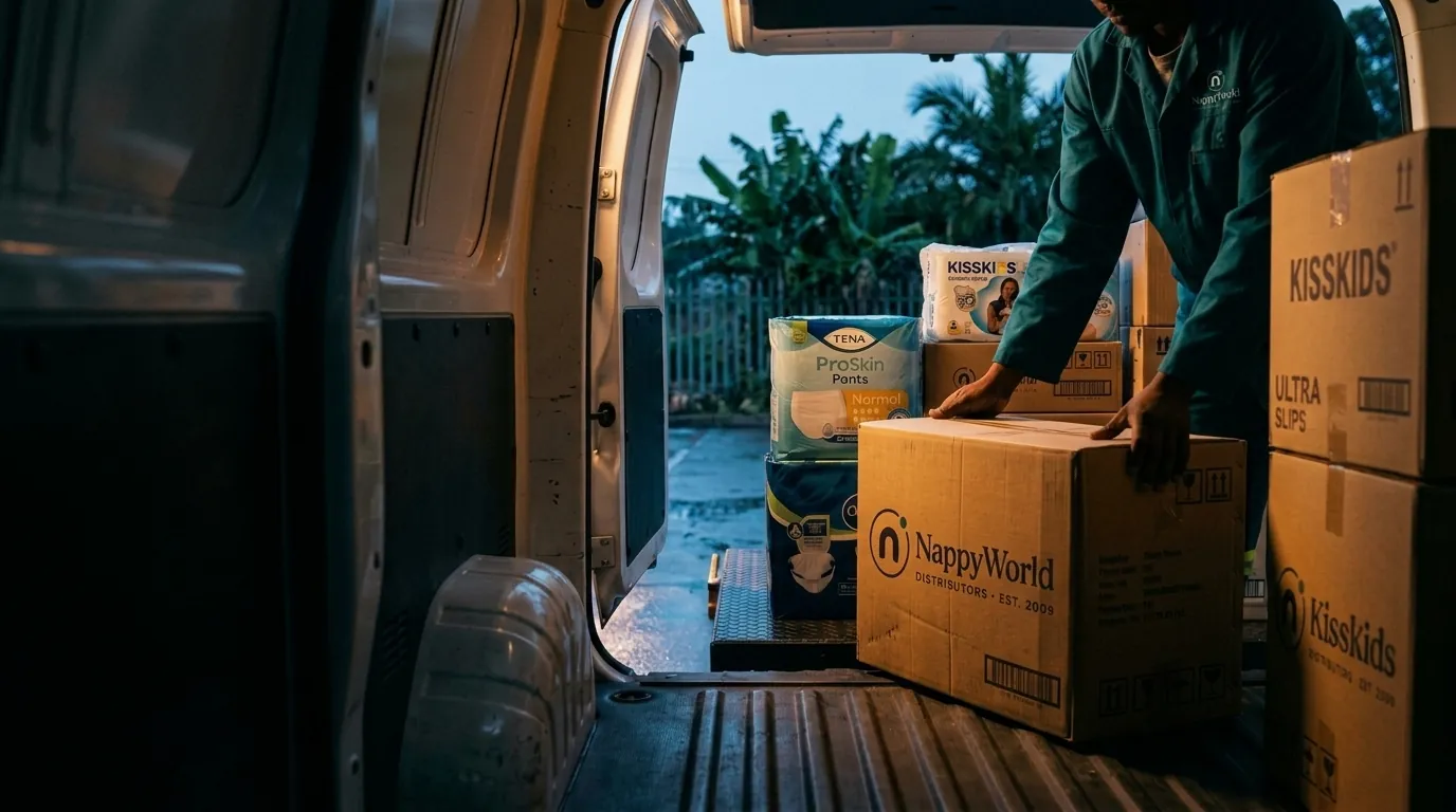 Loading nappy cartons into a delivery van